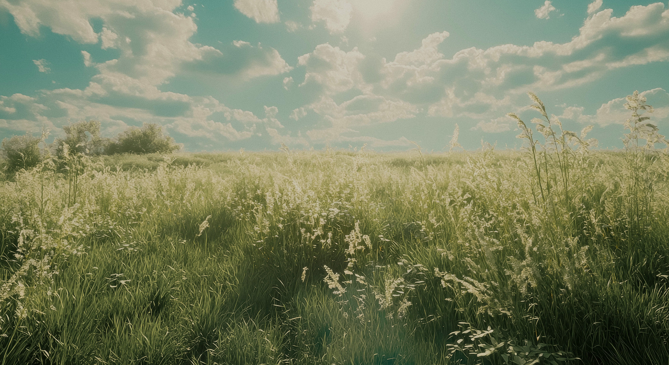 Eine saftig gr&uuml;ne Wiese in glei&szlig;ender Sonne.
